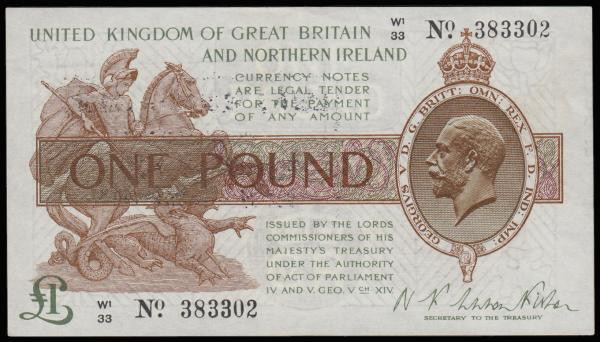 One Pound Warren Fisher T34 issued 1927, W1/33 383302, portrait KGV at right, AU...