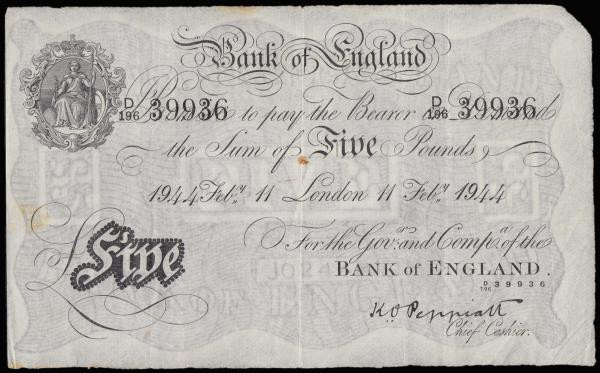 Five Pounds Peppiatt white B241 dated 11 Feb 1944 series D/196 39936, Fine