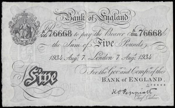 Five Pounds Peppiatt white B241 dated 7th August 1934, series A/100 76668, pleas...