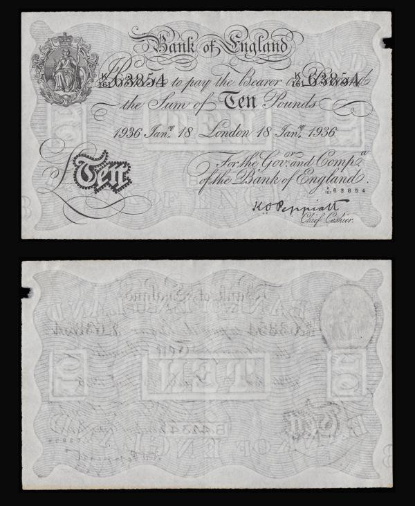 Ten Pounds Operation Bernhard WW2 German forgery K.O. Peppiatt White Note (2) B2...