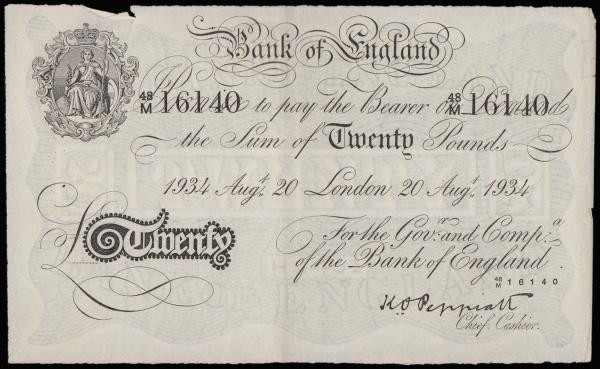 Twenty pounds Operation Bernhard WW2 German forgery K.O. Peppiatt White Note B24...