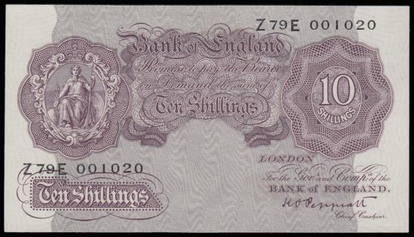 Ten Shillings Peppiatt Mauve B251 issued 1940 series Z79E 001020 UNC