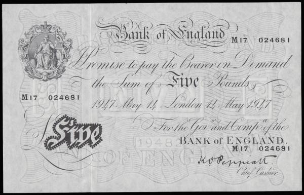 Five Pounds Peppiatt white B264 thin paper dated 14th May 1947 series M17 024681...