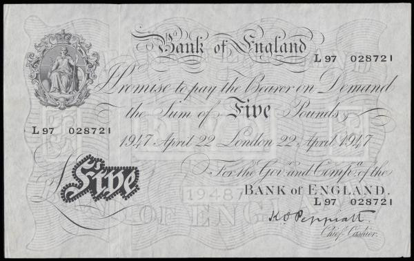 Five Pounds Peppiatt white B264 thin paper dated 22 April 1947 series L97 028721...