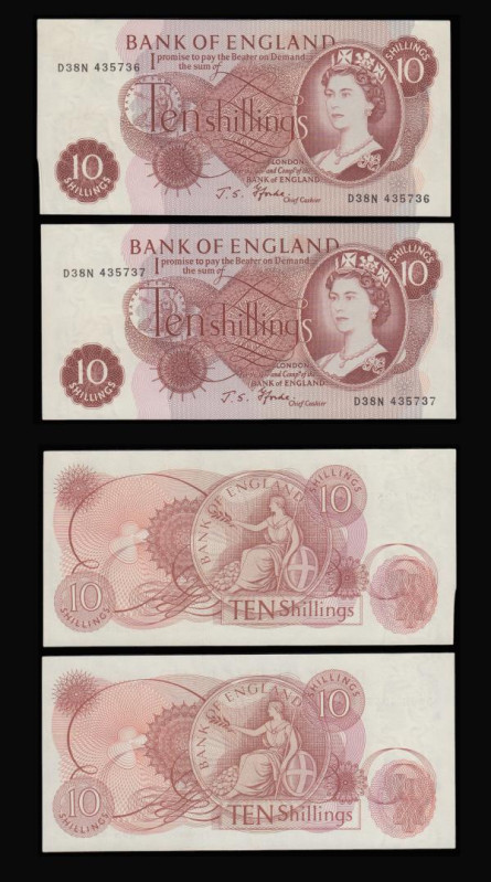 Ten shillings Fforde B310 issued 1967 very last run D38N (5 consecutives) 435736...