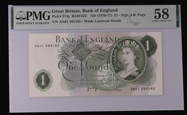 One Pound Page B322 issued 1970 very first run AN01 564165, Choice About Unc PMG...