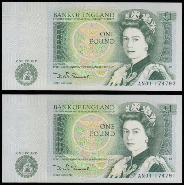 One Pound Somerset B341 issued 1981 very first run (2 consecutives) AN01 174791 ...