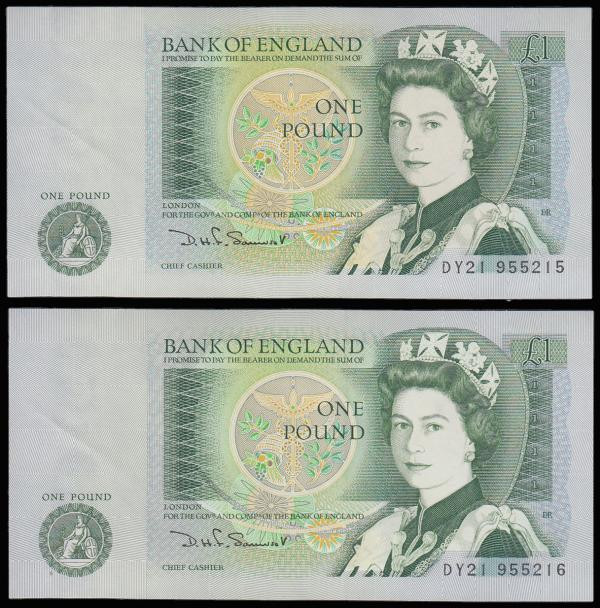 One Pound Somerset B341 issued 1981 very last run (2 consecutives) DY21 955215 a...