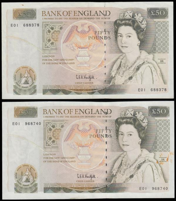 Fifty Pounds Kentfield B361 issued 1991 first run E01 prefix (2) E01 968740 Unc ...