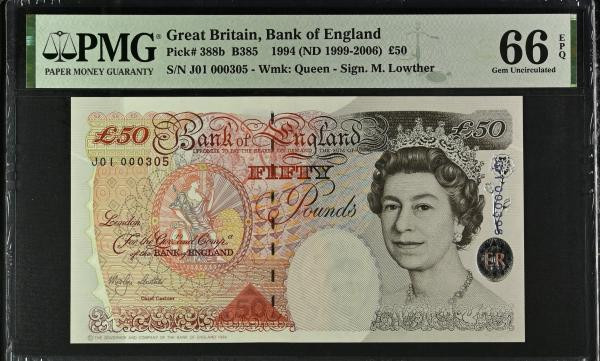 Fifty Pounds Lowther Houblon B385 1999 FIRST RUN with low serial numbers J01 000...