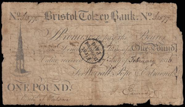 Bristol Tolzey Bank One Pound dated Feb 1816 No. 1577 for Worrall, Pope and Edmu...