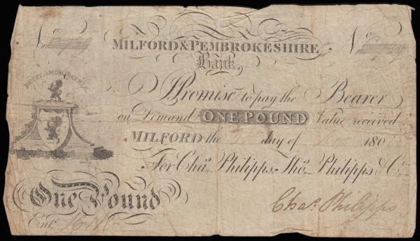 Milford & Pembrokeshire Bank &pound;1 dated 1807 No. L739 for Chas. Phillips, Th...