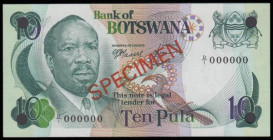 Botswana Bank of Botswana 10 Pula Specimen ND (1976) Pick 4s1 D/1 000000, a punch hole at each corner About UNC