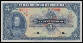 Colombia 5 pesos SPECIMEN EL BANCO DE LA REP&Uacute;BLICA On blue colour, left side portrait of Jose M. Cordoba date 20 Julio De 1942 Series M 00000 t...