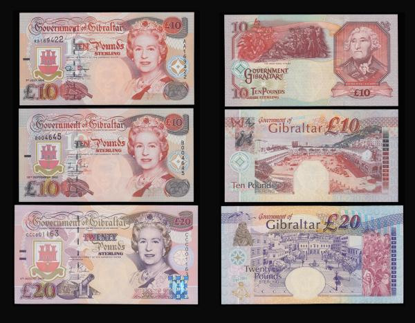 Gibraltar (5) 1.7.1995 10 Pounds and 5 Pounds both AA prefix, 5 Pounds Millenniu...