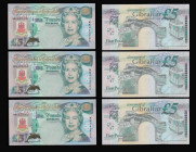 Gibraltar 5 Pounds 4 August 1988 Pick 21 (3) consecutive numbers Unc and 5 Pounds 2000 Pick 29 (3) consecutive numbers Unc