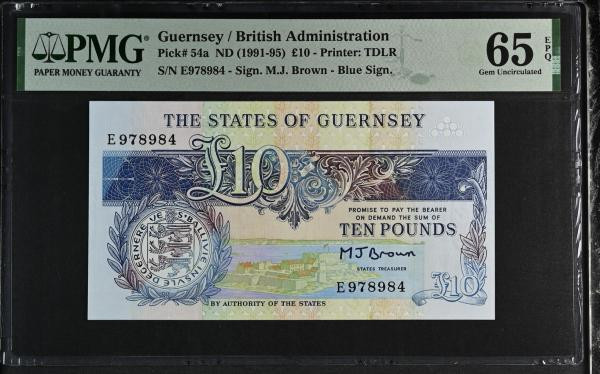 Guernsey 10 Pounds 1991 Pick 54a Brown E978984 Gem Uncirculated PMG 65 EPQ