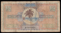 Maldives Half Rupee 1947 issue, Pick 1, VG with some folds and a small pinhole at the right