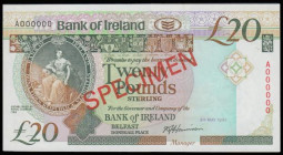 Northern Ireland, Bank of Ireland 20 Pounds 9 May 1991 SPECIMEN A000000 Pick 72s Unc