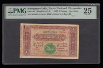 Portuguese India, Banco National Ultramarino 4 Tangas 1917 Pick 19 Very Fine PMG 25 "rust" this being a small thin line of decolouration left top from...