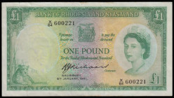 Rhodesia and Nyasaland One Pound Salisbury 6th January 1961 Pick 21b VF some small faint stains reverse X/64 600221 QE II portrait at right