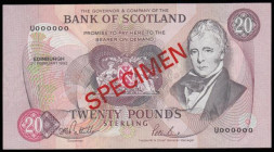 Scotland Bank of Scotland &pound;20 SPECIMEN dated 3 February 1992 series U000000 signed Pattullo & Burt, Pick118s, UNC