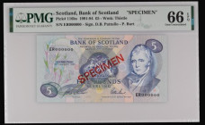 Scotland Bank of Scotland 1 Pound SPECIMEN dated 18 January 1993 series ER000000, signed Pattullo & Burt, Pick 116bs, Gem Uncirculated PMG 66 EPQ