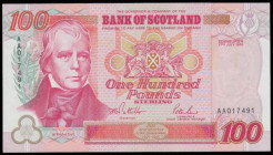 Scotland Bank of Scotland 100 Pounds dated 17 July 1995, series AA017491 Pick 123 AU (light centre fold)