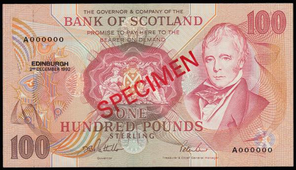 Scotland Bank of Scotland 100 Pounds dated 2 December 1992, SPECIMEN AA000000 AU...