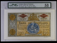 Scotland Bank of Scotland 20 Pounds Pick 94e (Calloway-Murphy BA109e) dated 12th June 1956 serial number 1/B 1507 brown on pale orange with blue medal...