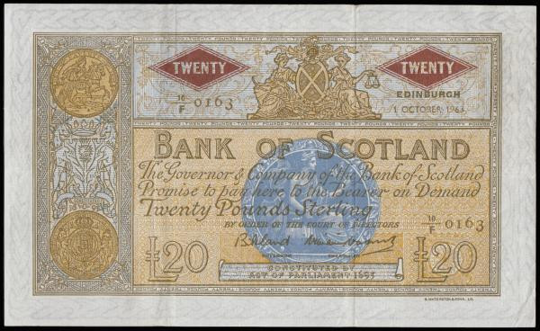 Scotland Bank of Scotland 20 Pounds Pick 94f dated 1 October 1963 serial number ...