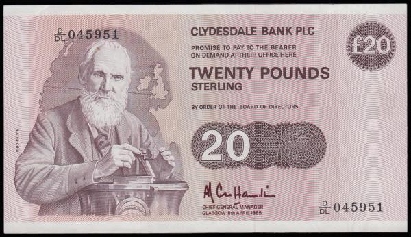 Scotland Clydesdale Bank Limited 20 Pounds Lord Kelvin signed Hamilton 9 April 1...