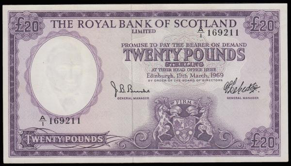 Scotland The Royal Bank of Scotland 20 Pounds 19 March 1969 Pick 332 series A/1 ...