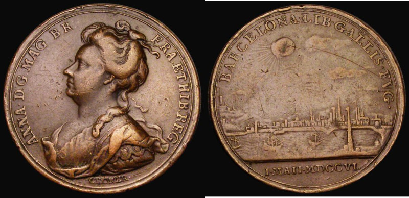 Barcelona Relieved 1706 35mm diameter in bronze by J. Croker, Obverse: Bust left...