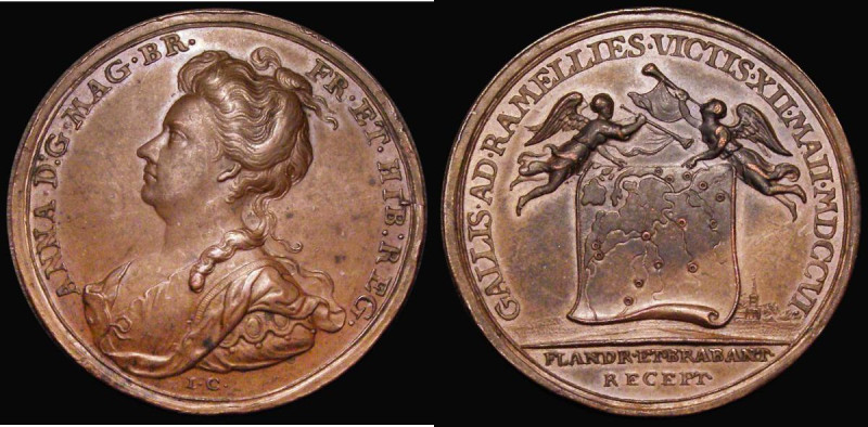 Battle of Ramilles 1706 35mm diameter in bronze by J. Croker, Obverse: Bust left...