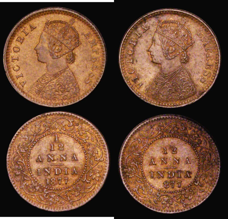 Mint Error (2) - Mis-Strike India 1/12 Anna 1877, KM#483 the 1 of the date and t...