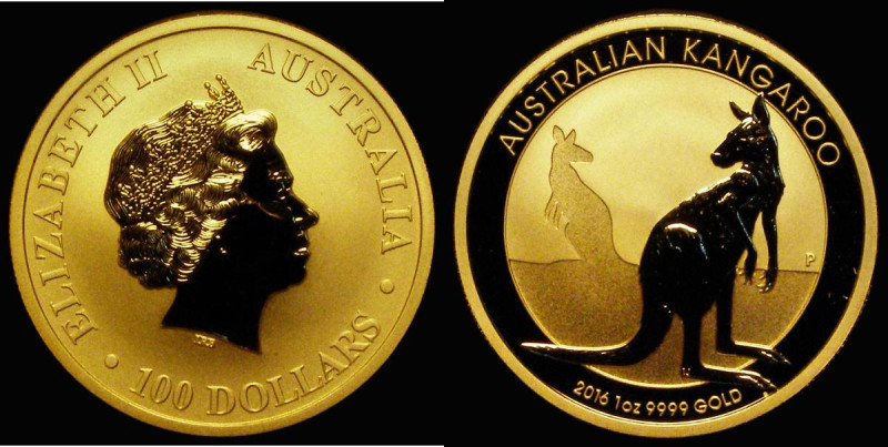 Australia $100 Gold Kangaroo 2016P Reverse: Kangaroo standing right, facing left...