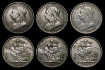 Crowns (3) 1893 LVI I.L. initials, as ESC 303, Bull 2593, Davies 501C, dies 1A, VF with some heavy edge knocks, 1893 LVII longer obverse denticles, as...