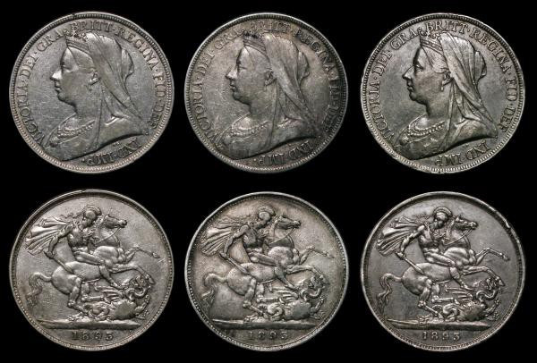 Crowns (3) 1893 LVI longer obverse beads, as ESC 303, Bull 2593, Davies 503A die...