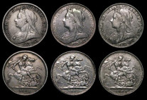 Crowns (3) 1893 LVI wider obverse border, as ESC 303, Bull 2593, Davies 503F, Obverse 1, Reverse L, Fine, 1893 LVII ESC 305, Bull 2595, Davies 506 die...