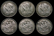 Crowns (3) 1893 LVI wider obverse border, as ESC 303, Bull 2593, Davies 503F, Obverse 1, Reverse L, Fine, 1893 LVII ESC 305, Bull 2595, Davies 506 die...