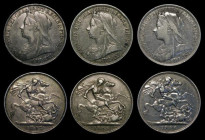 Crowns (3) 1893 LVII ESC 305, Bull 2595, Davies 506 dies 2A, Near Fine/Fine, 1895 LIX longer obverse beads, ESC 309, Bull 2599, Davies 512 Obverse 1a,...