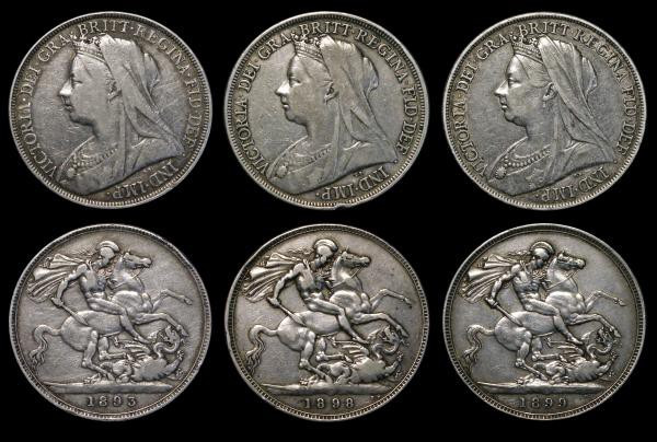 Crowns (3) 1893 LVII ESC 305, Bull 2595, Davies 506 dies 2A, VG/Near Fine, 1898 ...