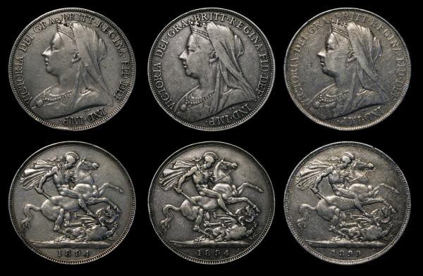 Crowns (3) 1894 LVII ESC 306, Bull 2596, Davies 507 dies 1a C Obverse with longe...