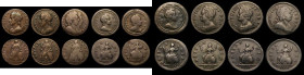 Farthings (9) 1672 Loose Drapery, Peck 521 Fine with pitted surfaces, 1675 Peck 528 About Fine, 1694 No Stop after MARIA, Peck 618 VG, 1719 Small Lett...