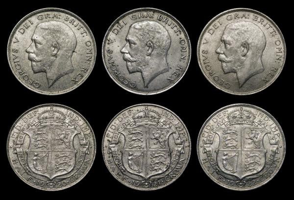 Halfcrowns (3) 1920 ESC 767, Bull 3720, Davies 1675 dies 3A, VF, 1921 ESC 768, B...