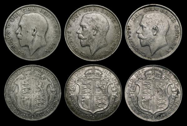 Halfcrowns (3) 1921 ESC 768, Bull 3722, Davies 1677 dies 3B VG, a rare die pairi...