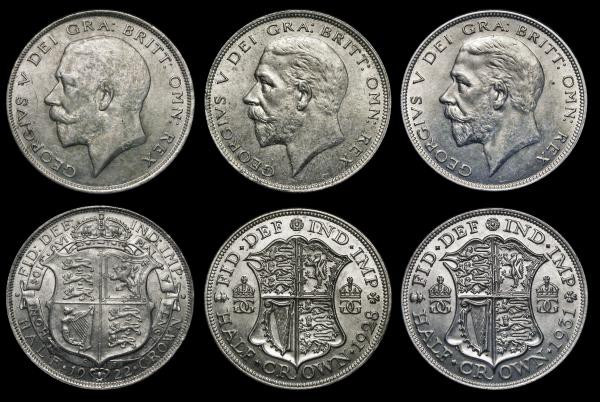 Halfcrowns (3) 1922 ESC 769, Bull 3723, Davies 1683 dies 3D NEF, 1928 ESC 777, B...