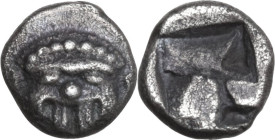 Celtic World. Gaul, Massalia. AR Hemiobol, c. 485-470 BC. Obv. Facing gorgoneion with protruding tongue. Rev. Quadripartite incuse square. Furtwangler...