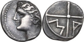 Celtic World. Gaul, Massalia. AR Obol, c. 350-150 BC. Obv. Bare head of Apollo left. Rev. M A within wheel of four spokes. Depeyrot, Marseille 18. AR....